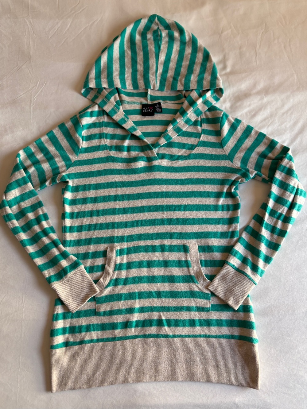 Eye Candy Teal Striped Hoodie Long Sleeve Sweater Top Preppy Nautical Y2K
